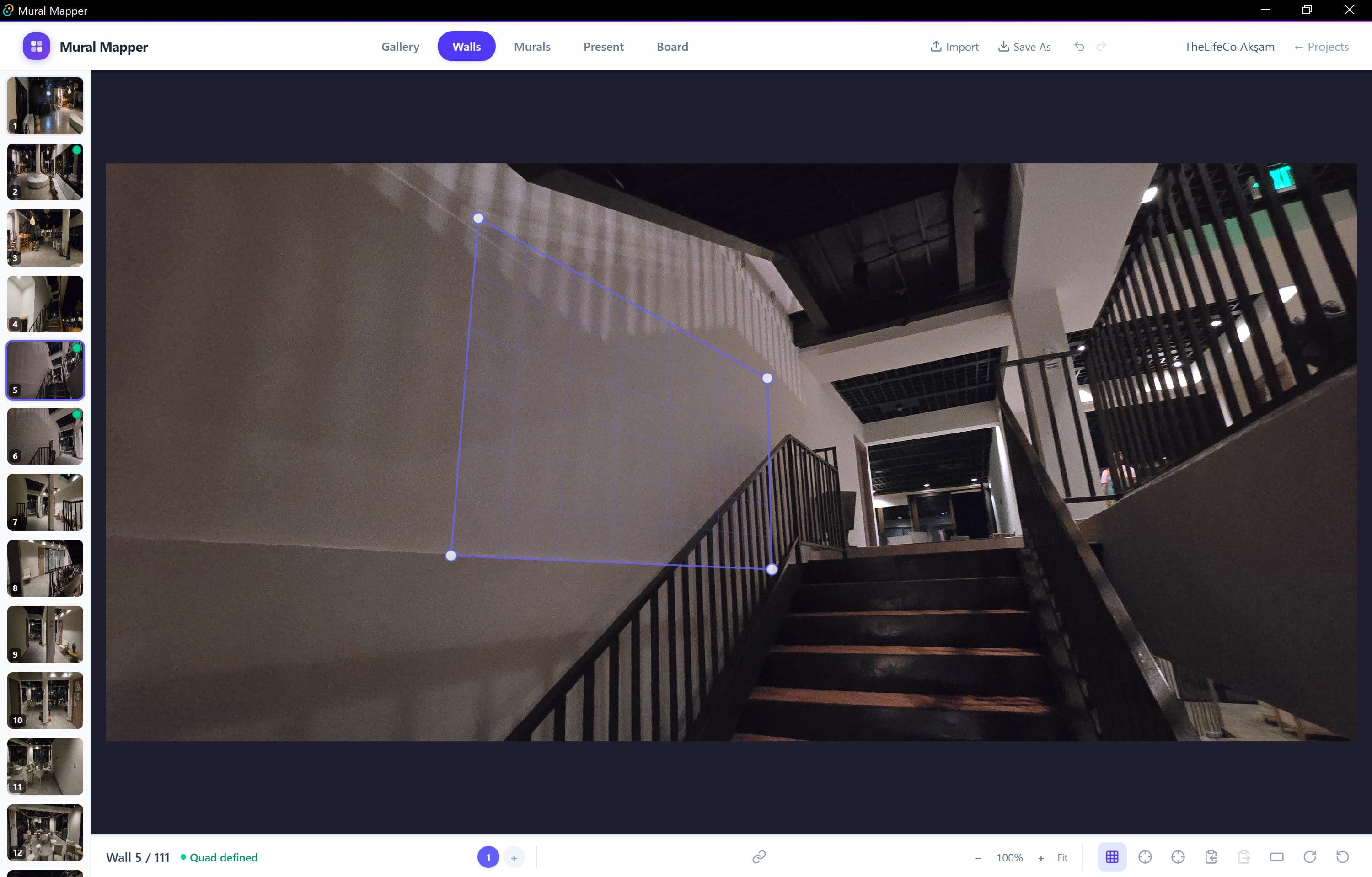 Walls tab — define quad mapping areas with 4-point perspective